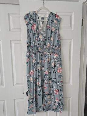 Maurices Light Blue Floral Midi Dress with Pink & Cream Blooms